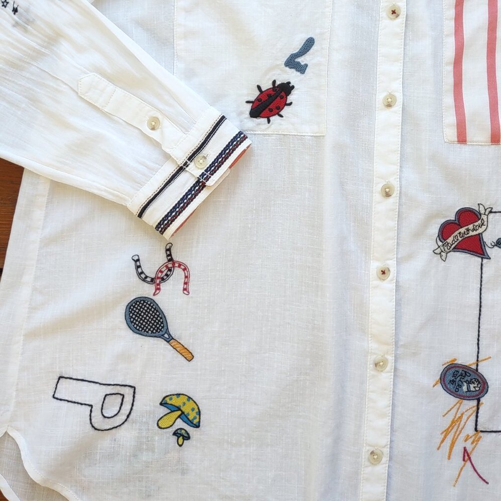 Anthropologie Pilcro Embroidered White Classic Shirt Retro Art Whimsy Size XL - Picture 13 of 16